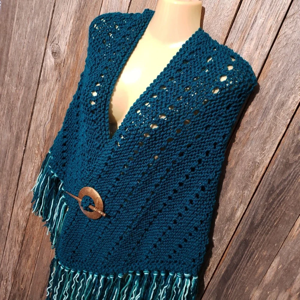 NEW Teal Blue Hand Knitted‎ Shawl Wrap Boho Hippie Fringe Coastal Cottage Indie